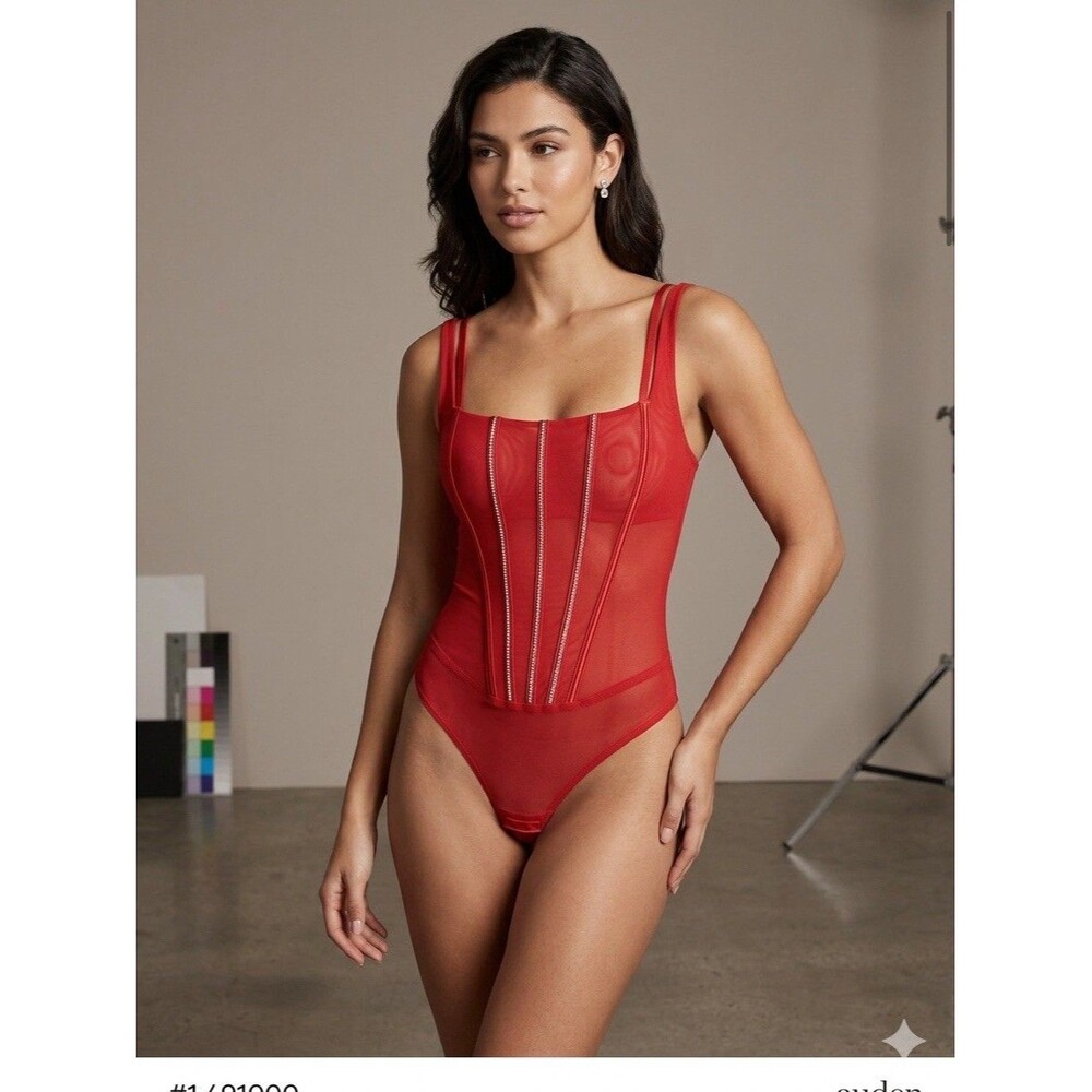AUDEN Red Mesh Corset Bodysuit Womens S Rhinestone One Piece Sheer Romantic New